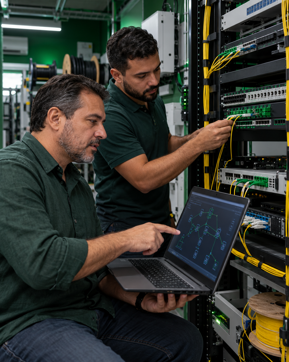 Dono de provedor e técnico analisam equipamentos de rede e uma conexão de fibra óptica