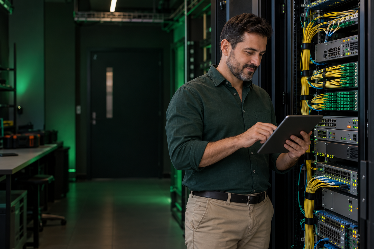 Empresário de provedor de internet acompanha a operação ao lado de racks e equipamentos de fibra óptica