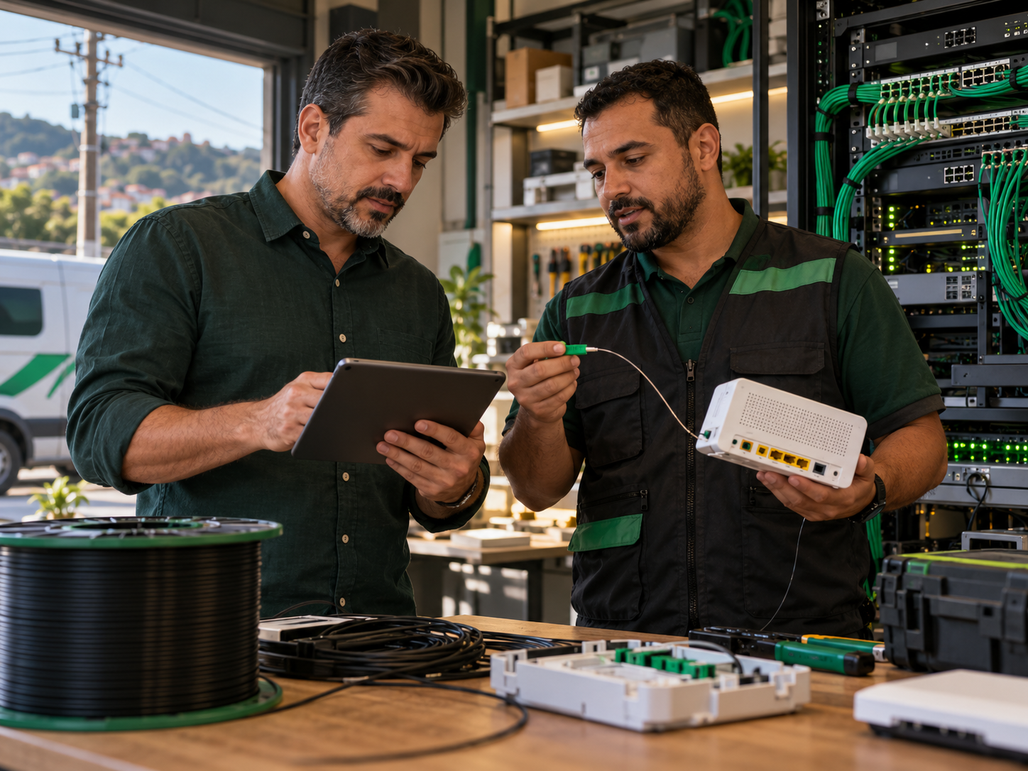 Empresário e técnico de provedor conferem um roteador e uma conexão de fibra óptica